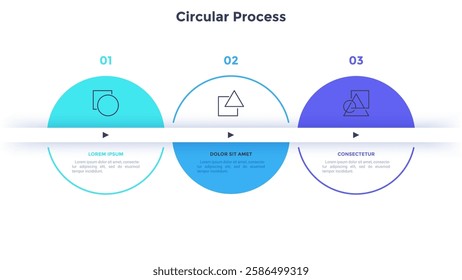 Circular scheme with three round colorful elements. Concept of process business process with 3 stages. Minimal infographic design template. Modern flat vector illustration for data 