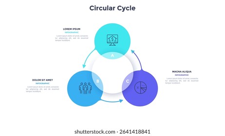 Circular scheme with three round colorful elements. Concept of cyclic business process with 3 stages. Minimal infographic design template. Modern flat vector illustration for data visualization.
