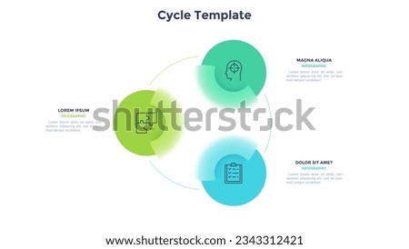 Circular scheme with three round colorful elements. Concept of cyclic business process with 3 stages. Minimal infographic design template. Glassmorphism vector illustration for data visualization.