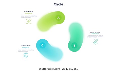 Circular scheme with three round colorfur elements. Concept of cyclic business process with 3 stages. Minimal infographic design template. Modern flat vector illustration for data visualization.