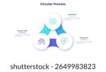 Circular scheme with three round paper white elements. Concept of cyclic business process with 3 stages. Minimal infographic design template. Modern flat vector illustration for data visualization.