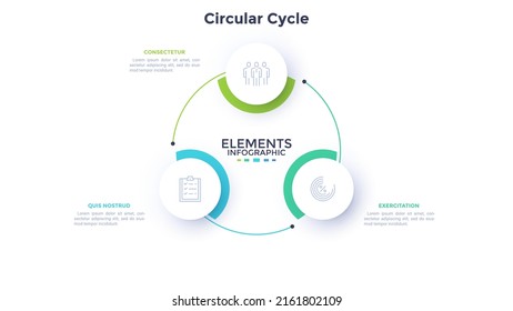 Circular scheme with three round paper white elements. Concept of cyclic business process with 3 stages. Minimal infographic design template. Modern flat vector illustration for data visualization. - Shutterstock ID 2161802109