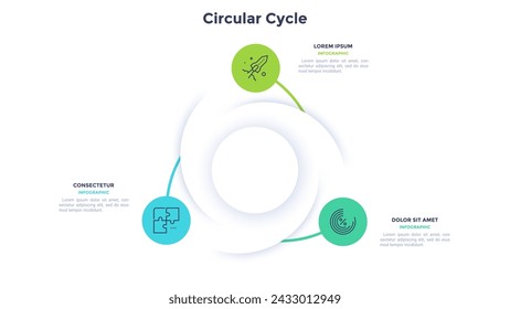 Circular scheme with three round paper white elements. Concept of cyclic business process with 3 stages. Minimal infographic design template. Modern flat vector illustration for data visualization.