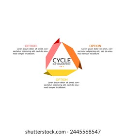 Kreisförmiges Schema mit drei runden weißen Elementen aus Papier. Konzept des zyklischen Geschäftsprozesses mit 3 Stufen. Minimale infografische Design-Vorlage. Moderne flache Vektorillustration zur Datenvisualisierung.