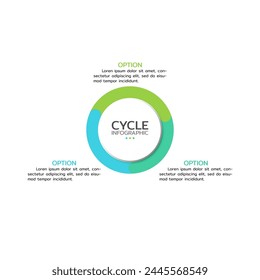 Circular scheme with three round paper white elements. Concept of cyclic business process with 3 stages. Minimal infographic design template. Modern flat vector illustration for data visualization.