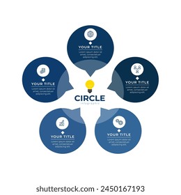Esquema circular con tres Elementos blancos de papel redondo. Concepto de proceso de negocio cíclico con 5 etapas. 