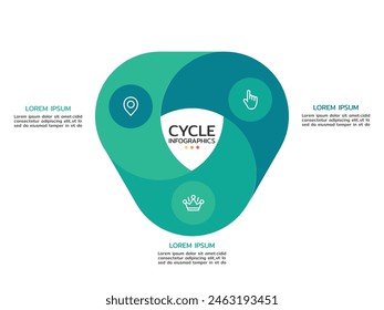 Esquema circular con tres Elementos blancos de papel redondo. Concepto de proceso de negocio cíclico con 3 etapas. Plantilla mínima de diseño infográfico. Ilustración vectorial plana moderna para visualización de datos.