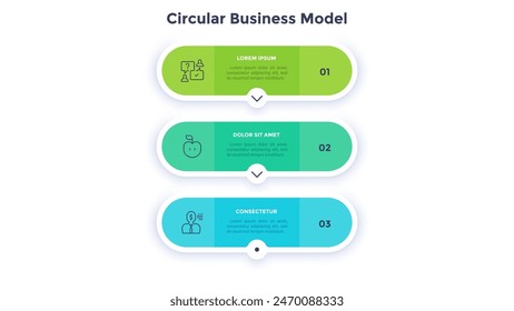 Circular scheme with three round paper elements. Concept of vertical business process with 3 stages. Minimal infographic design template. Modern flat vector illustration for data visualization.