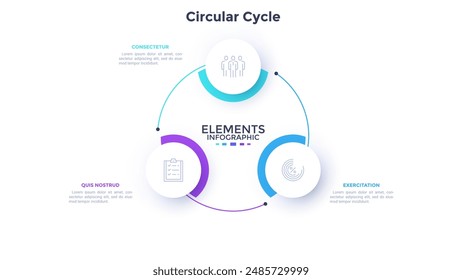 Circular scheme with three round paper white elements. Concept of cyclic business process with 3 stages. Minimal infographic design template. Modern flat vector illustration for data visualization.