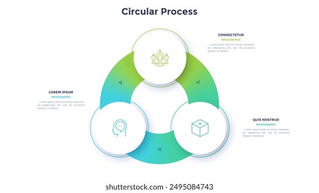 Circular scheme with three round paper white elements. Concept of cyclic business process with 3 stages. Minimal infographic design template. Modern flat vector illustration for data visualization.
