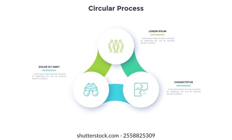 Circular scheme with three round paper white elements. Concept of cyclic business process with 3 stages. Minimal infographic design template. Modern flat vector illustration for data visualization.