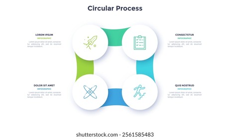 Circular scheme with three round paper white elements. Concept of cyclic business process with 4 stages. Minimal infographic design template. Modern flat vector illustration for data visualization.