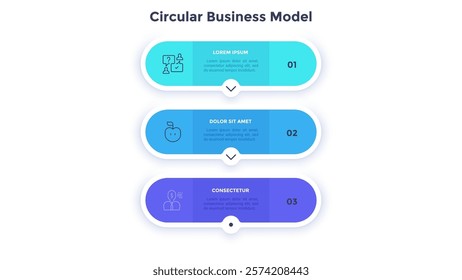 Circular scheme with three round paper elements. Concept of vertical business process with 3 stages. Minimal infographic design template. Modern flat vector illustration for data visualization.