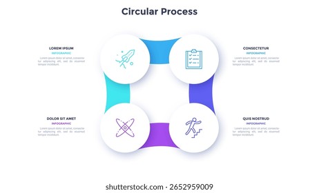 Circular scheme with three round paper white elements. Concept of cyclic business process with 4 stages. Minimal infographic design template. Modern flat vector illustration for data visualization.