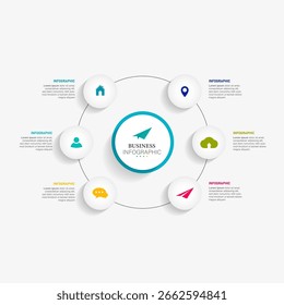 Circular scheme with three round paper white elements. Concept of cyclic business process with 6 stages. Minimal infographic design template. Modern flat vector illustration for data visualization.