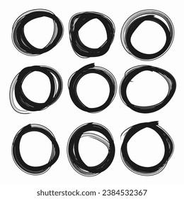 Circular scribble doodle oval. Vector illustration. White background. Highlight circle frames. For message note mark design element. Set hand drawn pencil or marker round circles line sketch set.
