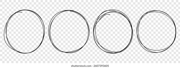 Circular scribble doodle vector illustration. Round frame set. Black highlighter circle on white background. Handwritten black circle. For marking text, numbers, marker pen, pencil mark vector.