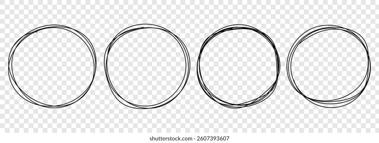 Circular scribble doodle vector illustration. Round frame set. Black highlighter circle on white background. Handwritten black circle. For marking text, numbers, marker pen, pencil mark vector.