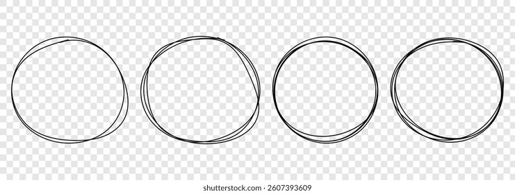 Circular scribble doodle vector illustration. Round frame set. Black highlighter circle on white background. Handwritten black circle. For marking text, numbers, marker pen, pencil mark vector.