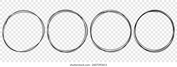Circular scribble doodle vector illustration. Round frame set. Black highlighter circle on white background. Handwritten black circle. For marking text, numbers, marker pen, pencil mark vector.