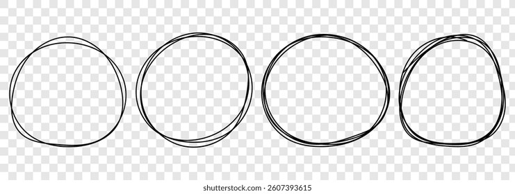 Circular scribble doodle vector illustration. Round frame set. Black highlighter circle on white background. Handwritten black circle. For marking text, numbers, marker pen, pencil mark vector.