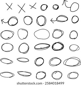  circular scribbles doodle black line hand drawn highlight Set ellipses strokes and emphasis marks Hand drawn highlight Set ellipses strokes  
