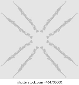 circular sea pattern, ellipses, hole,  spots,fishes, doodles . Hand drawn.