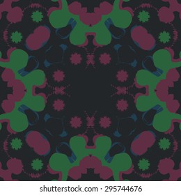 Circular seamless  pattern of abstract  decorative motif, spots,  stars, waves, copy space. Handmade.