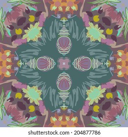 Circular  seamless  pattern of abstract floral  motif ,pink pale flowers on a multicolored  background.