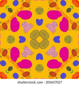 Circular   seamless  pattern of abstract floral motif,  text   on a yellow background.