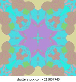 Circular seamless  pattern of abstract floral  pale  motif  in a contrast colors on an azure   background.