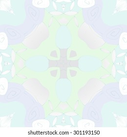Circular seamless  pattern of abstract floral motif, spirals, stripes, leaves, branches, cross. Hand drawn.