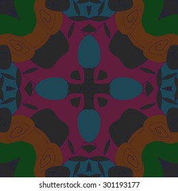Circular seamless  pattern of abstract floral motif, spirals, stripes, leaves, branches, cross. Hand drawn.