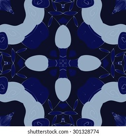 Circular seamless  pattern of abstract floral motif, spirals, stripes, leaves, branches, cross. Hand drawn.