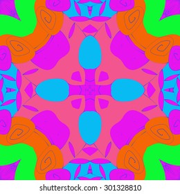 Circular seamless  pattern of abstract floral motif, spirals, stripes, leaves, branches, cross. Hand drawn.