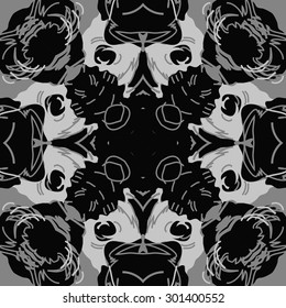Circular seamless  pattern of abstract floral motif,stripes, hole, spots, cross. Hand drawn.