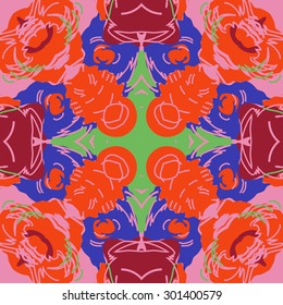 Circular seamless  pattern of abstract floral motif,stripes, hole, spots, cross. Hand drawn.