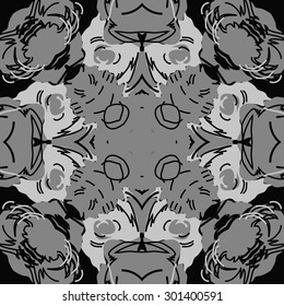 Circular seamless  pattern of abstract floral motif,stripes, hole, spots, cross. Hand drawn.