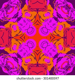 Circular seamless  pattern of abstract floral motif,stripes, hole, spots, cross. Hand drawn.