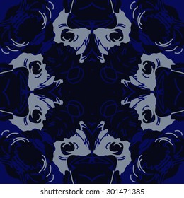 Circular seamless  pattern of abstract floral motif,stripes, hole, spots, cross. Hand drawn.
