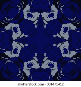 Circular seamless  pattern of abstract floral motif,stripes, hole, spots, cross. Hand drawn.