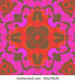 Circular seamless  pattern of abstract floral motif,stripes, spots, star, hole. Hand drawn.