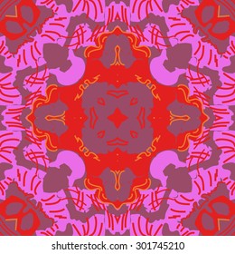 Circular seamless  pattern of abstract floral motif,stripes, spots, star, hole. Hand drawn.