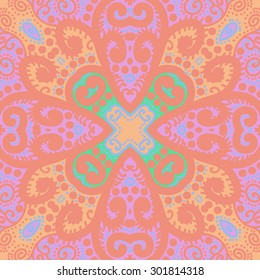 Circular seamless pattern of abstract floral motif, stripes, ellipses, spots, spirals,  cross. Hand drawn.