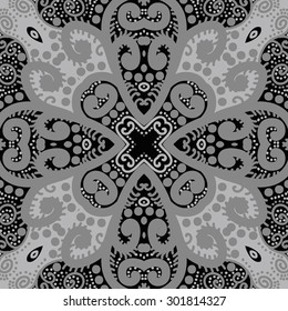 Circular seamless pattern of abstract floral motif, stripes, ellipses, spots, spirals,  cross. Hand drawn.