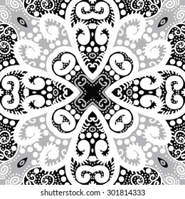 Circular seamless pattern of abstract floral motif, stripes, ellipses, spots, spirals,  cross. Hand drawn.