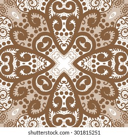 Circular seamless pattern of abstract floral motif, stripes, ellipses, spots, spirals,  cross. Hand drawn.