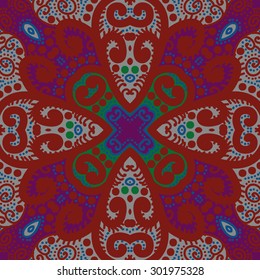 Circular seamless pattern of abstract floral motif, stripes, ellipses, spots, spirals, cross. Hand drawn.
