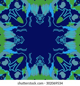 Circular seamless  pattern of abstract floral motif,stripes, hole, spots, copy space. Hand drawn.