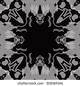 Circular seamless  pattern of abstract floral motif,stripes, hole, spots, copy space. Hand drawn.